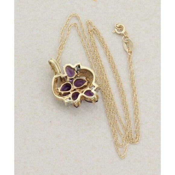 10k Yellow Gold Natural Amethyst & Diamond Necklace 18" Chain - Picture 5 of 7